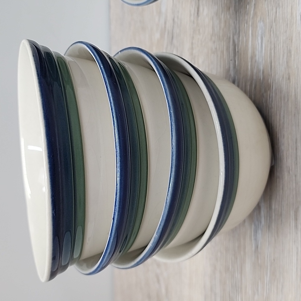 Rare Vintage Pfaltzgraff Stoneware Ocean Breeze Set of 7 Bowl Blue Green Band